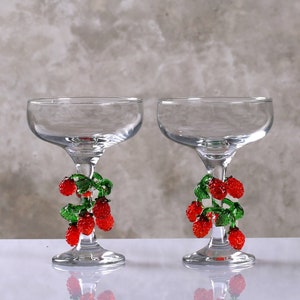 Coupe glasses with murano raspberry decor, champagne coupe for wedding party, barware glass, red fruit decor cocktail glass, cordial glass,