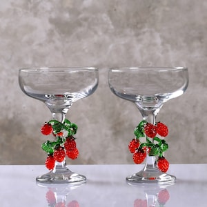 Coupe glasses with murano raspberry decor, champagne coupe for wedding party, barware glass, red fruit decor cocktail glass, cordial glass,