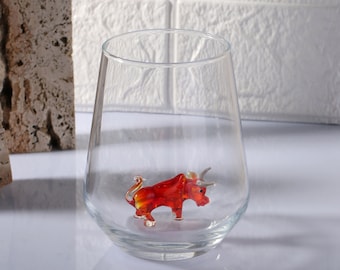 Glass raging bull cup, spanish bull mug, rodeo, handmade glassware, drinkware, kitchenware, water cup, table decor, christmas gift Boyfriend