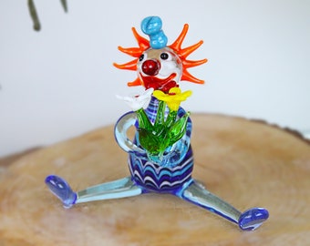 Clown avec sculpture en verre de fleur, Clown en verre de Murano, lampwork, figurines en verre soufflé, clown en verre d'art, nouveau cadeau à la maison, cadeaux de meilleur ami