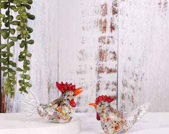 Glas Huhn Hahn Figur, einzigartiges Wohnaccessoire, mundgeblasene Henne, Miniatur Skulptur, Briefbeschwerer, Bauernhof Tier Dekor, Ostern Dekor,