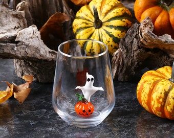 Halloween pumpkin with ghost drink glass, spooky pumpkin glass mug, Ghoul mug, funny stemless wine glass, fall gifts, water cup, boo mug,