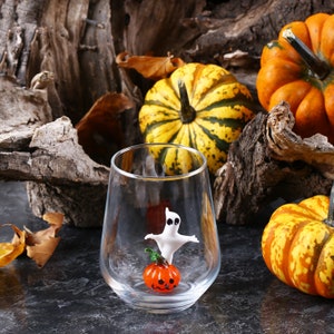 Halloween pumpkin with ghost drink glass, spooky pumpkin glass mug, Ghoul mug, funny stemless wine glass, fall gifts, water cup, boo mug,