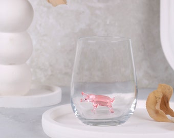 Handmade drinking glass with pig figure, stemless wine glass, water glass, pig cup, glass mug, glassware, swine, tiny glass pig, table decor