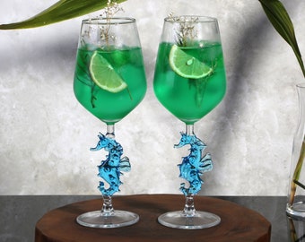 Art Glass Seahorse wine glasses, red & white wine glass, glassware set, anniversary gift, wedding, beach wine glass, ocean cocktail glasses
