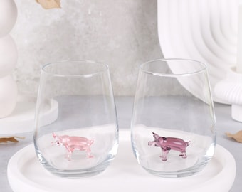 Funny Pig Stemless Wine glass, wedding party glass, bachelorette party glassware, water drinking glass, peppa pig glass mug, farm animal mug