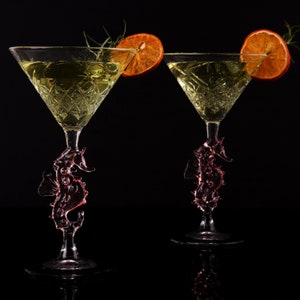 Sea Horse Decor Vintage Cut Crystal Martini glasses, barware glasses for beach wedding, cocktail glasses, margarita drinks, glassware set,