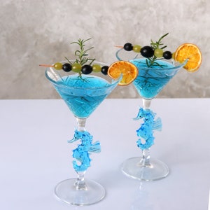 Sea Horse Decor Vintage Cut Crystal Martini glasses, barware glasses for beach wedding, cocktail glasses, bachelorette party, glassware set,