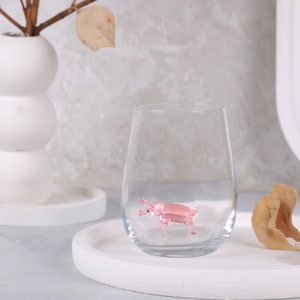 Handmade drinking glass with pig figure, stemless wine glass, water glass, pig cup, glass mug, glassware, swine, tiny glass pig, table decor Single- Pink