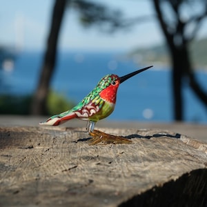Hummingbird glass miniature, Murano glass green bird, lampwork bird statue, art glass figurine, blown colorful bird, home office desk bird