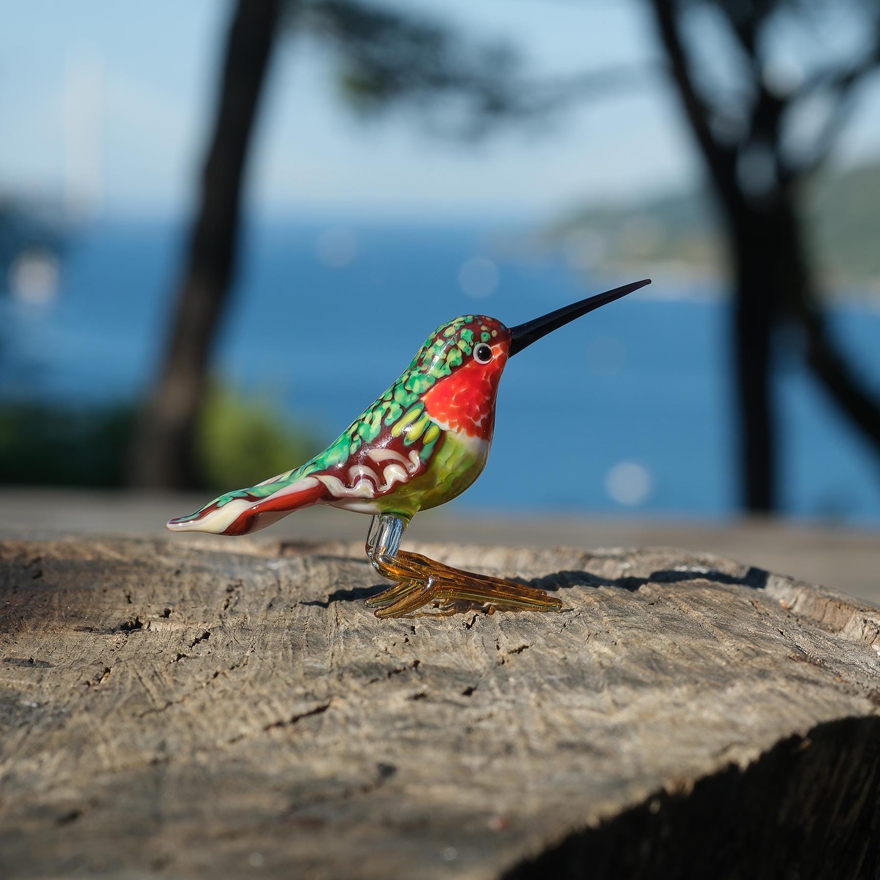 Hummingbird Glass Miniature, Murano Glass Green Bird, Lampwork