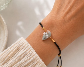 Pulsera de cuentas de rata, pulsera de rata de cristal de Murano, joyería de cuentas de ratón de vidrio soplado, pulsera de cordón ajustable, lindo regalo para amantes de las ratas,
