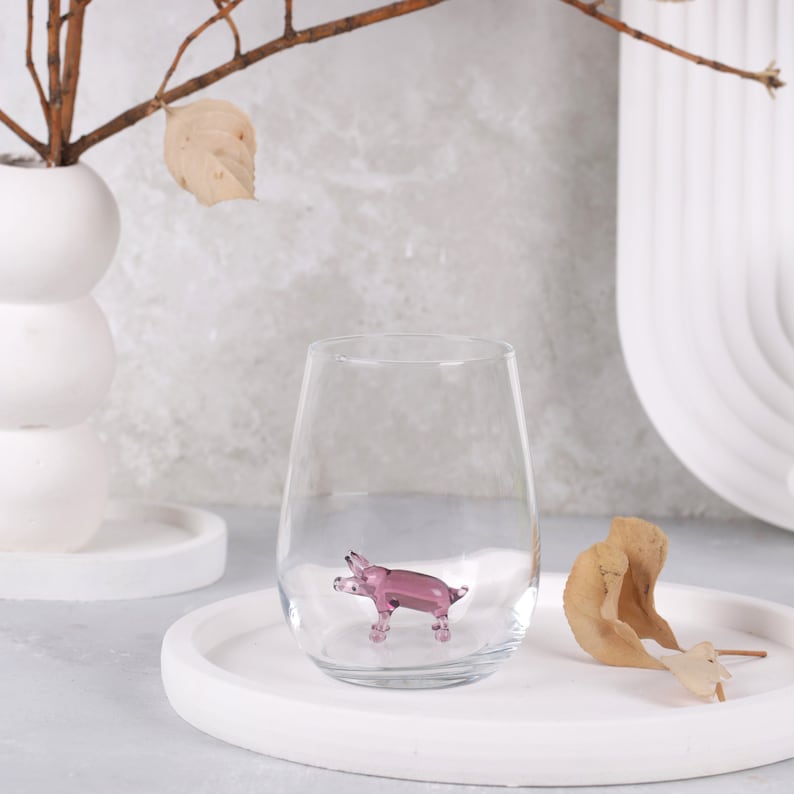 Handmade drinking glass with pig figure, stemless wine glass, water glass, pig cup, glass mug, glassware, swine, tiny glass pig, table decor image 3