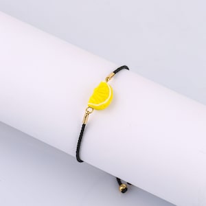 Murano Glass Lemon beaded Bracelet, lampwork Dainty Fruit charm bracelet, yellow lemon jewelry, adjustable drawstring friendship bracelet,