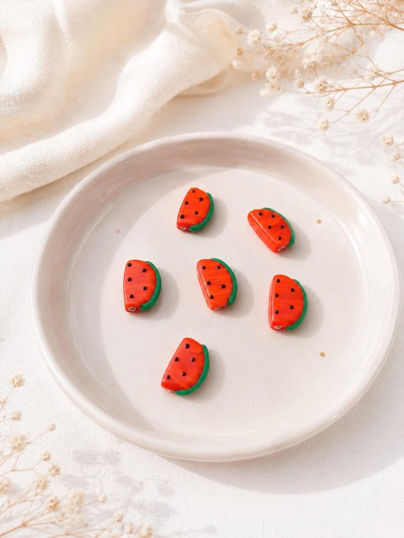 Watermelon Glass Beads, Handmade Lampwork Fruit Beads, Summer Jewelry Making Supplies, Cute Artisan Watermelon Charms, Red Green Glass Beads
