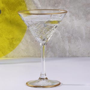 Art Deco Cocktail Glasses, Gold Rimmed Vintage, Clear Martini Set, Clear cut Glass, barware, glassware set, wedding party, bridesmaid
