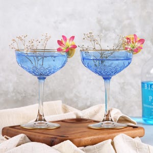 Colored champagne coupe Glasses, Gold Rimmed Blue Cocktail Glasess, Vintage Martini cut Glass, barware, celebration glass, Bridesmaid party