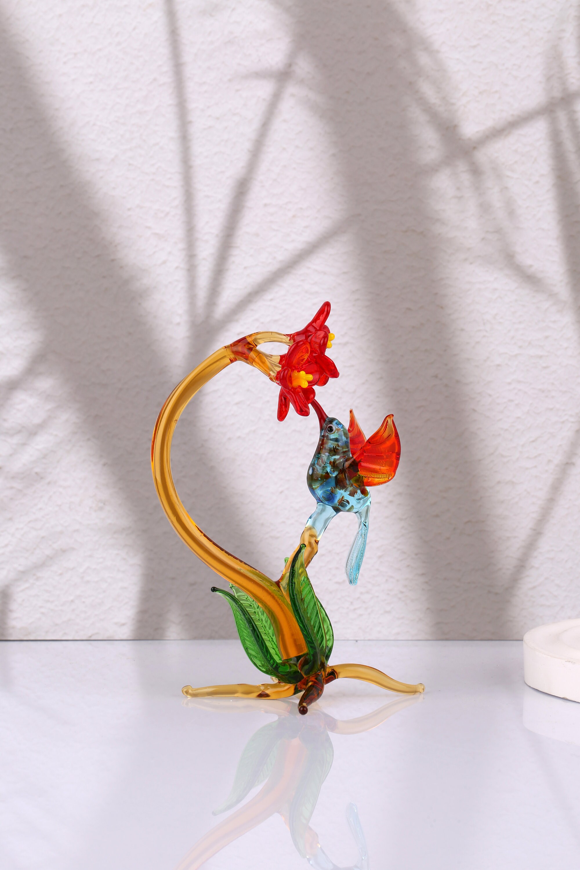 Hummingbird and Flower Glass Sculpture, Murano Glass Bird, Art