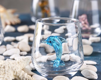 Blue Dolphin Shot glasses, barware, beach wedding shot glass, home bar, small glass cups, birthday shot glass, dolphin gift, cute fish cup
