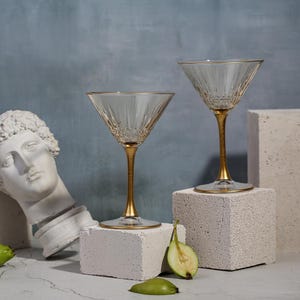 Colored Art Deco Cocktail Glasses, Gold Rimmed Vintage Martini Set, Textured Margarita Glass, glassware set, barware, Wedding, Bridesmaid