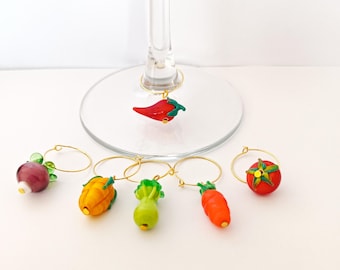 Vegetable decor Wine glass charm, Wine Rings, cocktail glass decoration, party favor, xmas table, carrot, tomato, red pepper, radish, corn