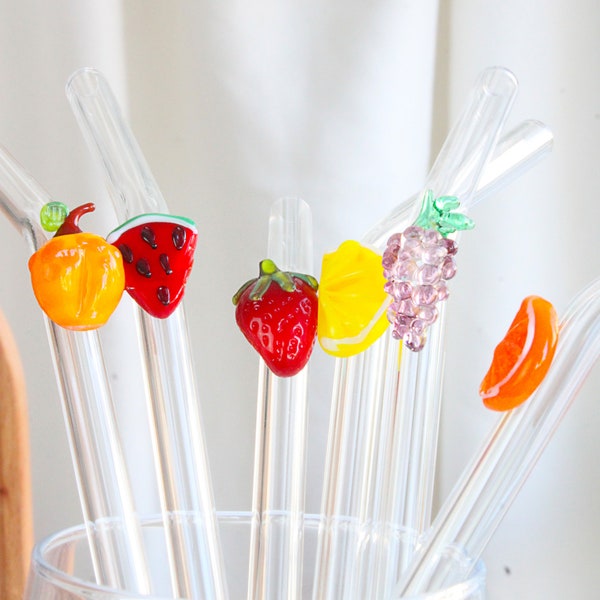 Glass fruit smoothie straw, Cocktail straw, eco friendly reusable straw, bubble tea drinking straw, watermelon, apricot, Strawberry, lemon,