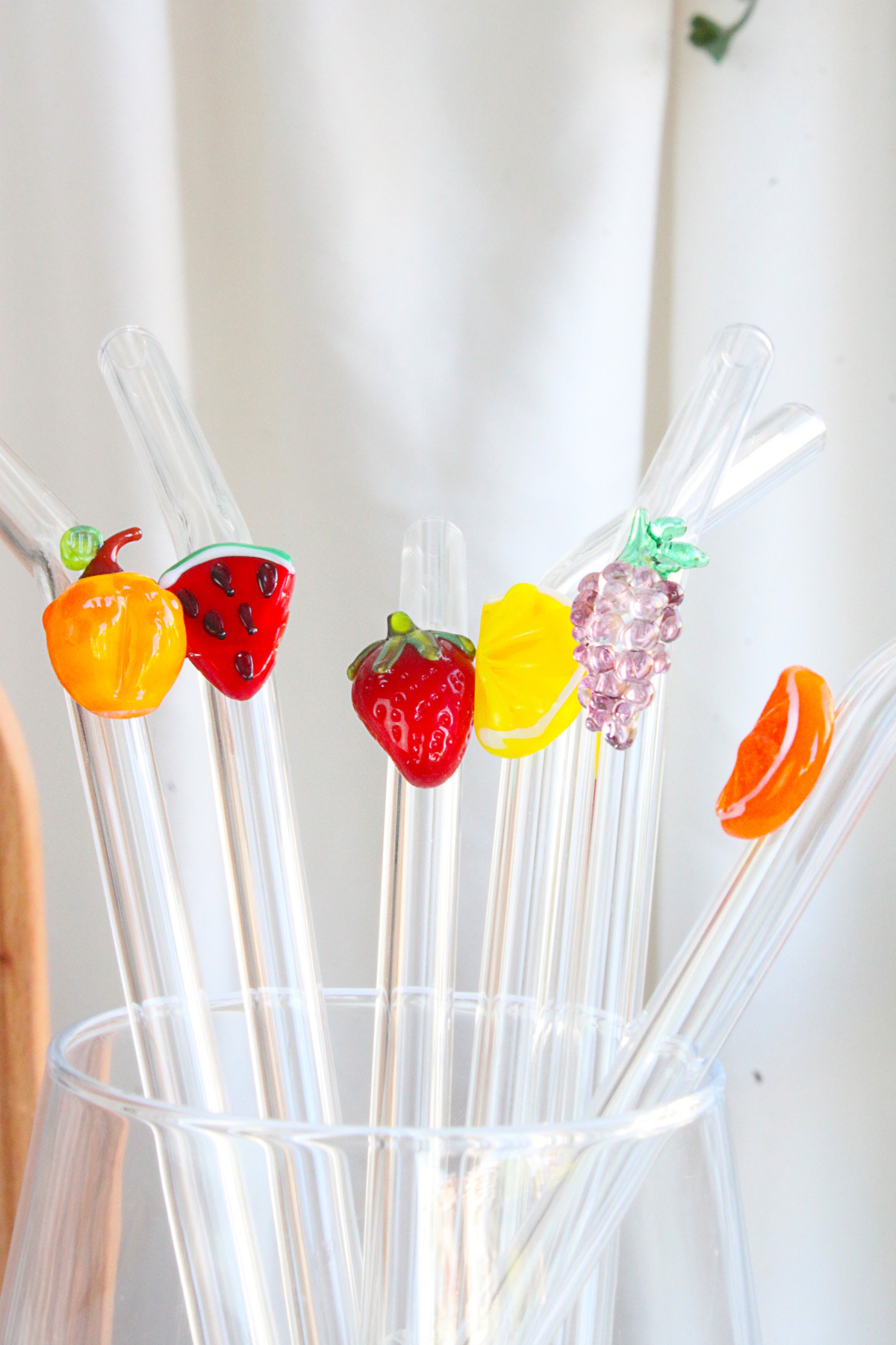 Glass Fruit Smoothie Straw, Cocktail Straw, Eco Friendly Reusable Straw,  Bubble Tea Drinking Straw, Watermelon, Apricot, Strawberry, Lemon, 