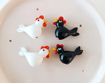 Murano Glass rooster chicken Bead, Lampwork  hen spacer, farm animal charm, Bird earring, DIY, black white bird jewelry making supply