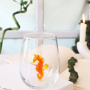 Handmade Glass cup with seahorse, cute drink glass, seahorse glass, ocean decor, table decor , sea animal mug, glassware, water cup, wedding Single-Orange