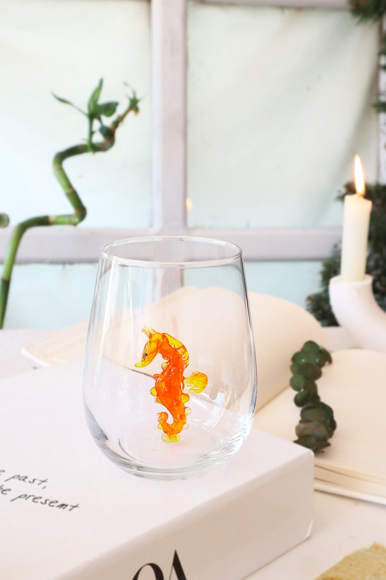 Handmade Glass cup with seahorse, cute drink glass, seahorse glass, ocean decor, table decor , sea animal mug, glassware, water cup, wedding Single-Orange