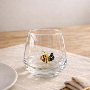 Drinking Glass inside Honey bee, tiny bee cup, water glass, stemless wine glass, bee birthday party decor, nature lover gift, insect mugs