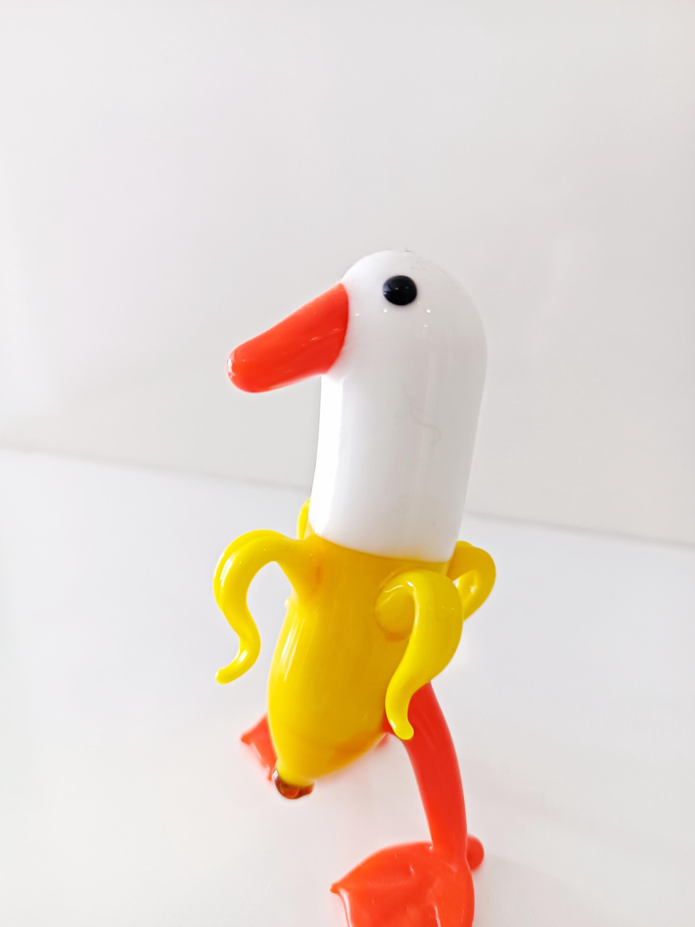 Funny Duck Glass Sculpture, Lampwork Banana Statue, Murano Glass