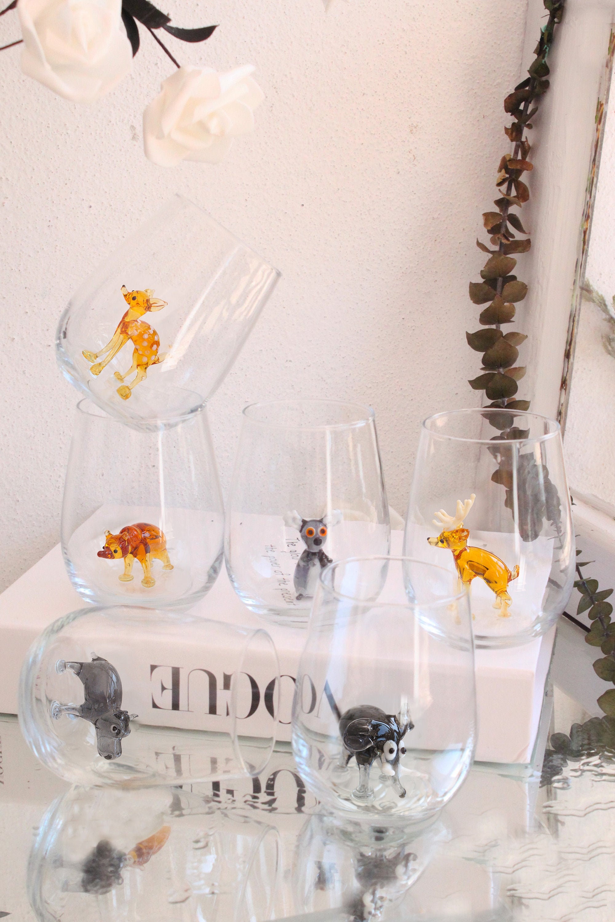 Wine Glass Set of 4 With Animal Figures, Stemless Wine Glass, Pig, Koala,  Dog, Pink Deer, Bambi, Handmade Unique Gifts, Drinkware 