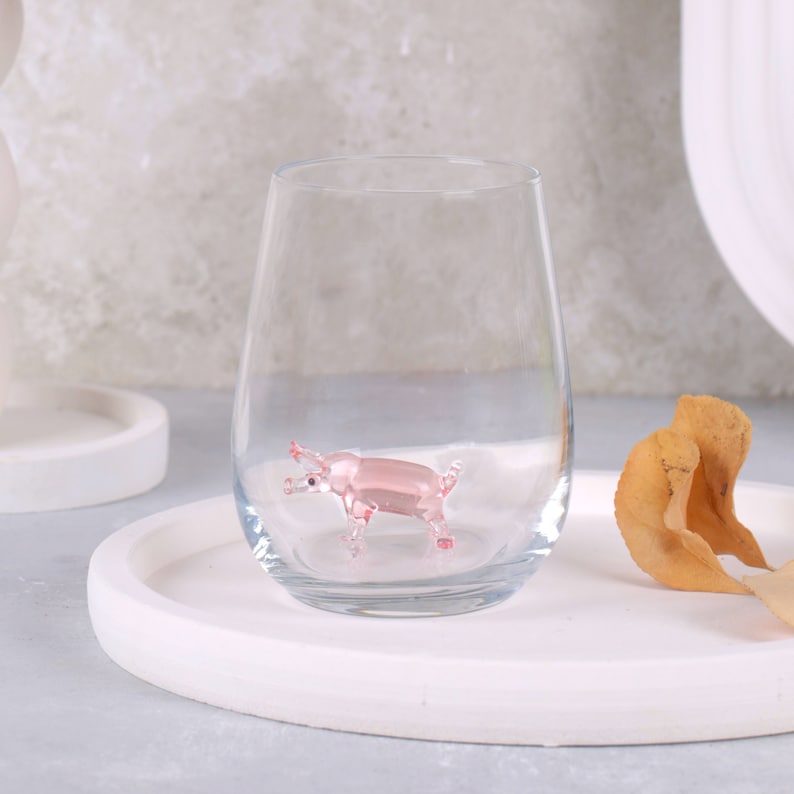 Handmade drinking glass with pig figure, stemless wine glass, water glass, pig cup, glass mug, glassware, swine, tiny glass pig, table decor image 2