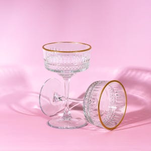 Crystal Vintage Glasses, Gold Rimmed Vintage Coupe Glasess, stemware, Clear Cocktail Glass, barware, glassware, wedding party, bridesmaid