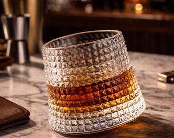 Spinning Crystal Whiskey Glass, elegant bourbon, Clear Scotch Glassware, stemless Barware, 360 degree rotating cocktail Glass, Gift for men