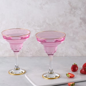 Colored Margarita Glasses, Gold Rimmed Vintage Coupe Glasess, Fuchsia Cocktail Glass, barware, pink glassware, wedding party, celebration