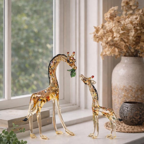 Escultura de jirafa de vidrio con bebé, jirafa en miniatura, objeto decorativo, decoración del hogar, animal de vidrio soplado, animal africano, regalo para un nuevo hogar