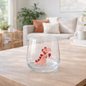 Glass cup Dinosaur with heart , funny stemless wine glass, baby dino mug, water glass, Dinosaur Baby Shower, Dino Birthday Party, Single - Pink