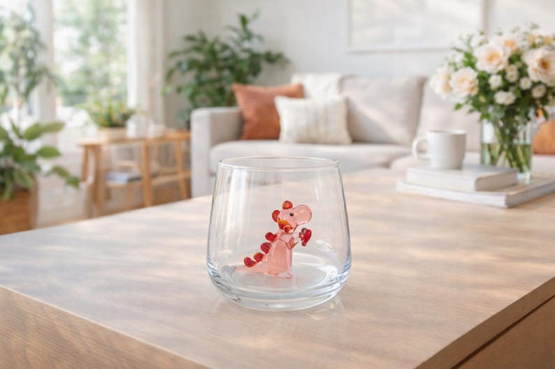 Glass cup Dinosaur with heart , funny stemless wine glass, baby dino mug, water glass, Dinosaur Baby Shower, Dino Birthday Party, Single - Pink