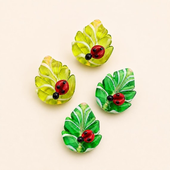 Ladybug Leaf Glass Bead, Murano Style Lampwork Bead, Handmade Nature Charm, Red Ladybug Green Leaf Bead, Cute Spring Jewelry Making Supply