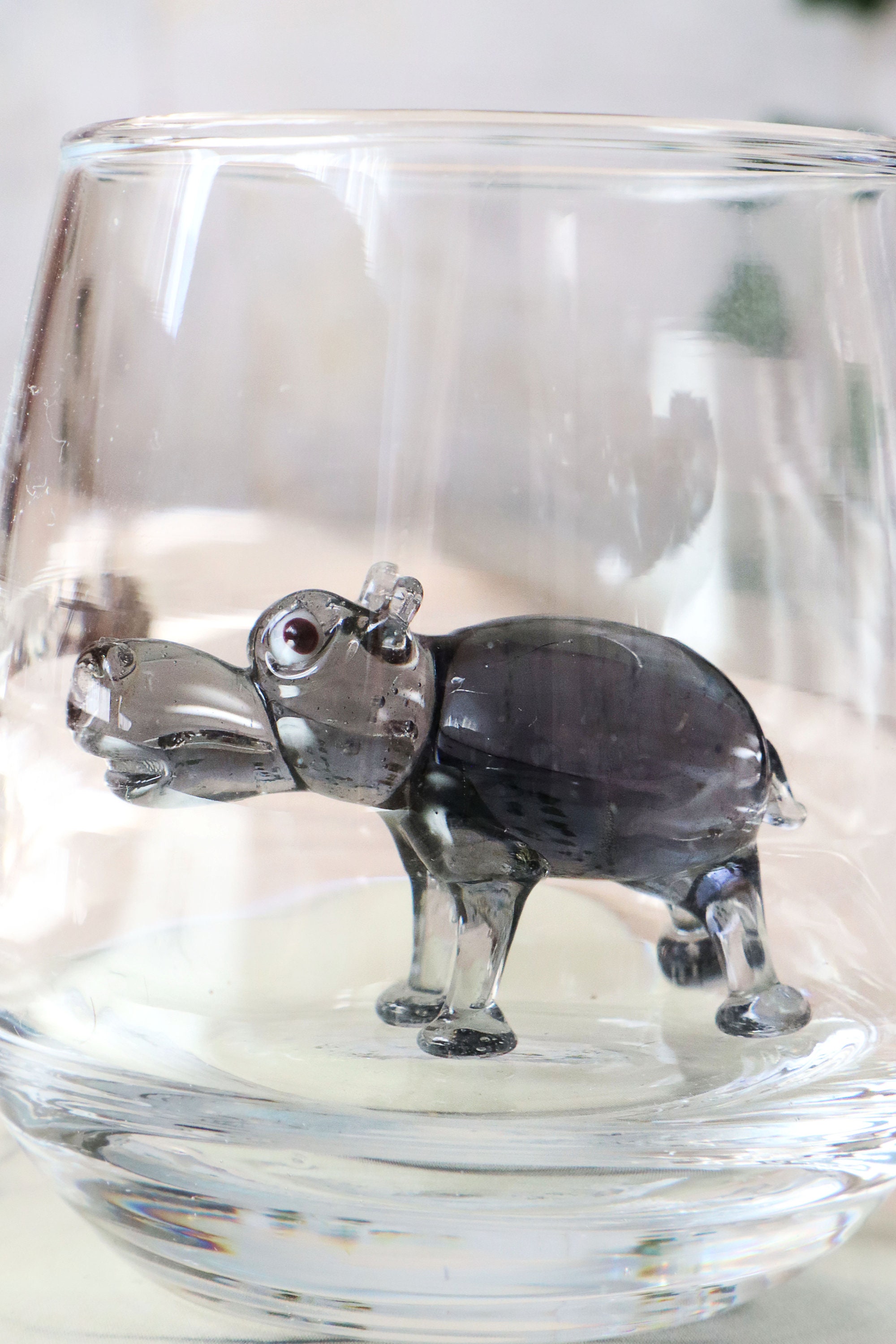 Drinking Glass With Hippo Figure, Funny Stemless Wine Glass, Water