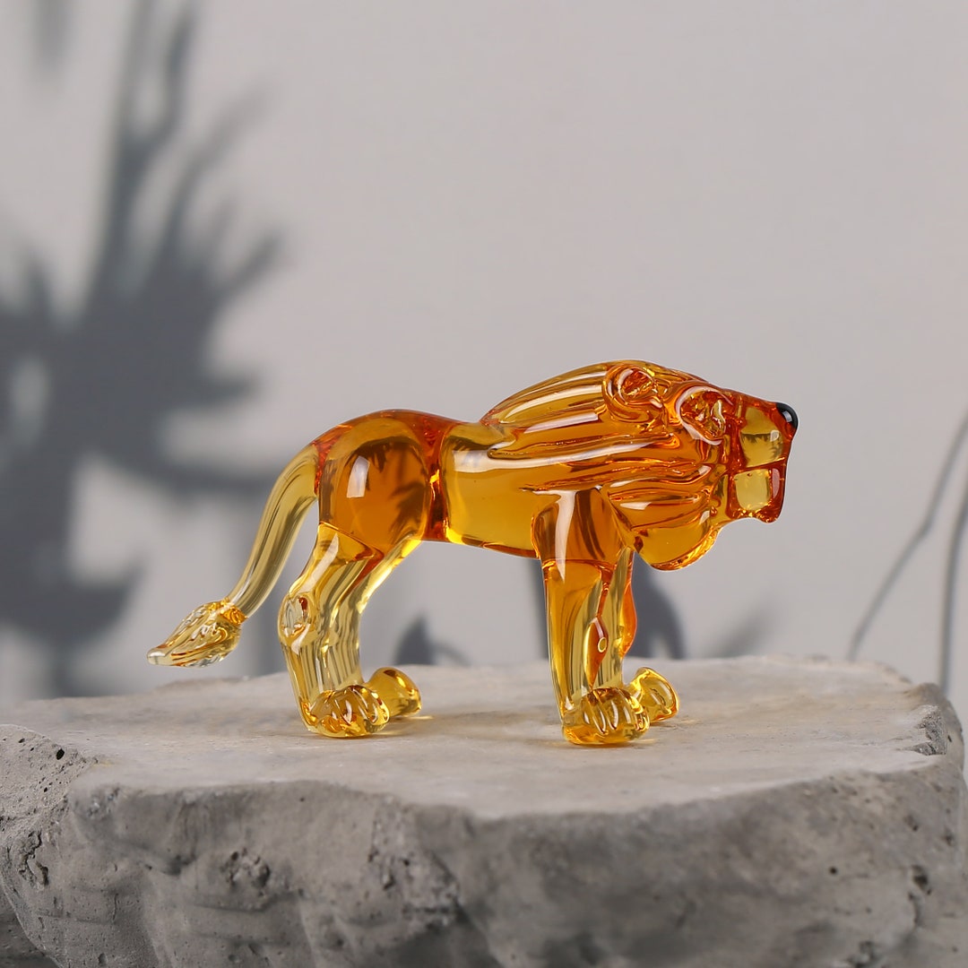 Art Glass Lion Figurine, Lampwork Lion Sculpture, Miniature Lion, Hand Blown Wild Animal