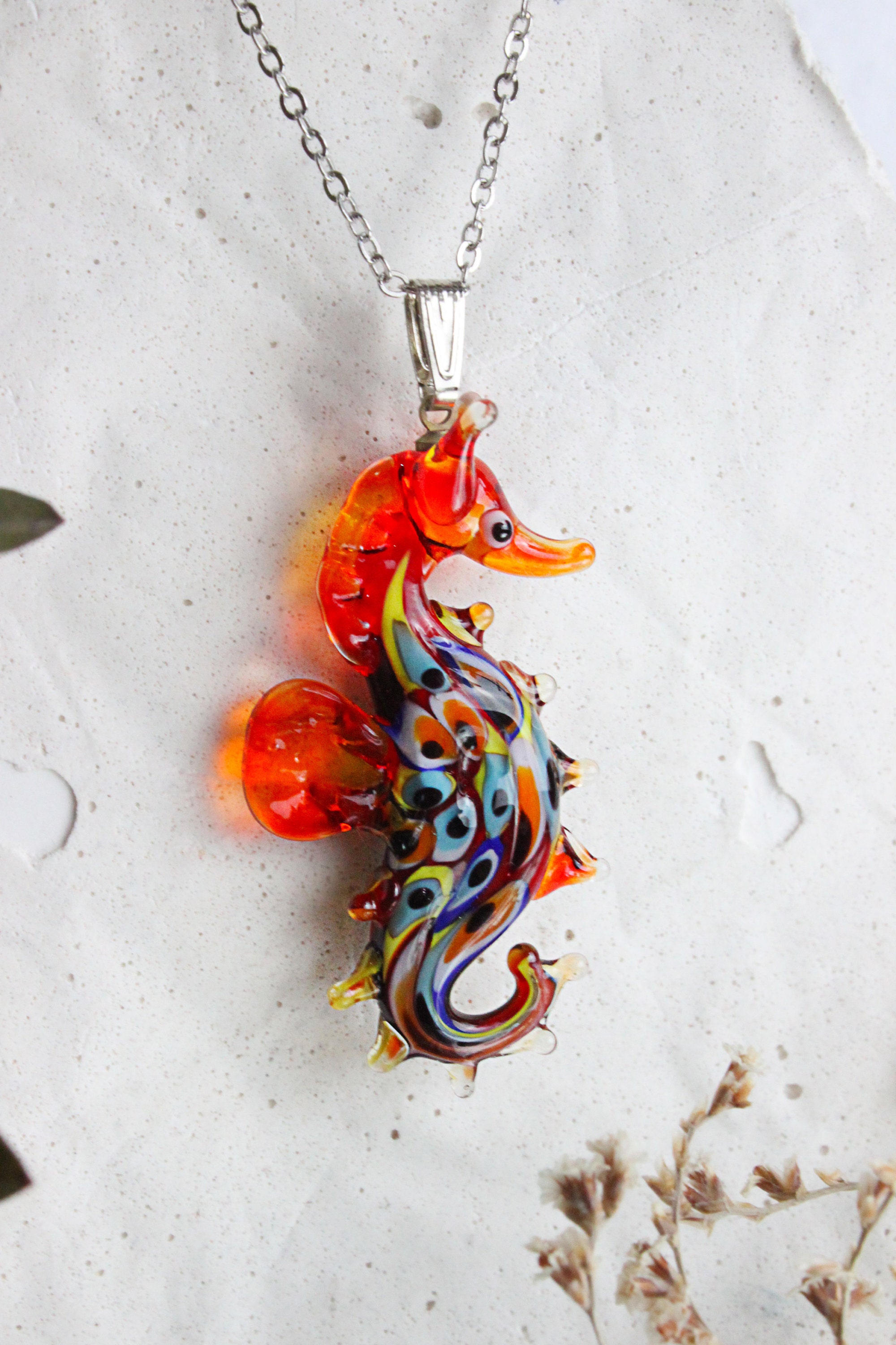 Pendentif Hippocampe En Verre Soufflé Vintage - Cordon Bleu, Porte-bonheur - Modèle 5342
