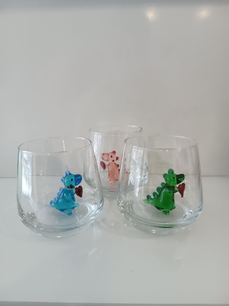Glass cup Dinosaur with heart , funny stemless wine glass, baby dino mug, water glass, Dinosaur Baby Shower, Dino Birthday Party, image 7