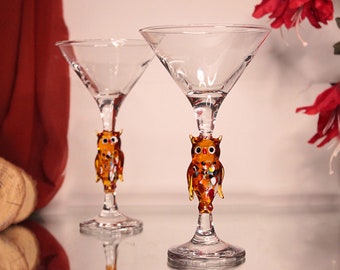 Owl decor martini glasses, barware glass set ,cocktail party, wedding glass, bird coctail glass, home bar, glassware set, bird drink glass