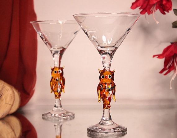 Owl decor martini glasses, barware glass set ,cocktail party, wedding  glass, bird coctail glass, home bar, glassware set, bird drink glass