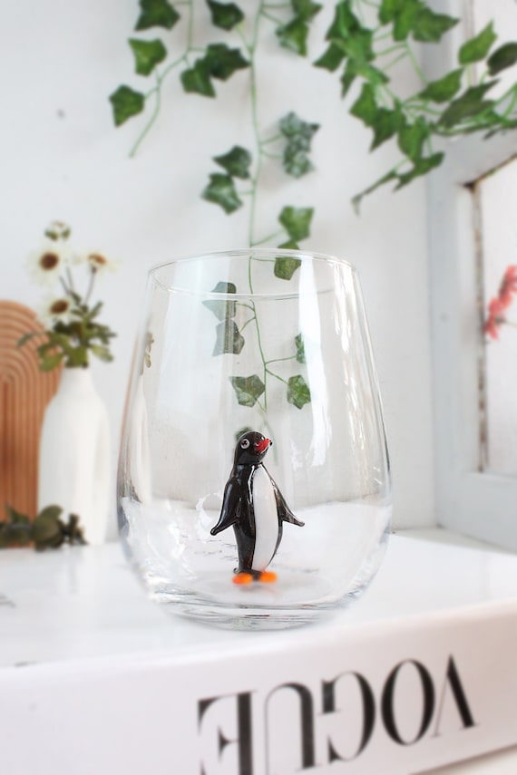 Cute penguin glass cup, drink glass, home decor, water cup, wine, penguin mug, tiny penguin cup, bird cup, handmade glassware, table decor,