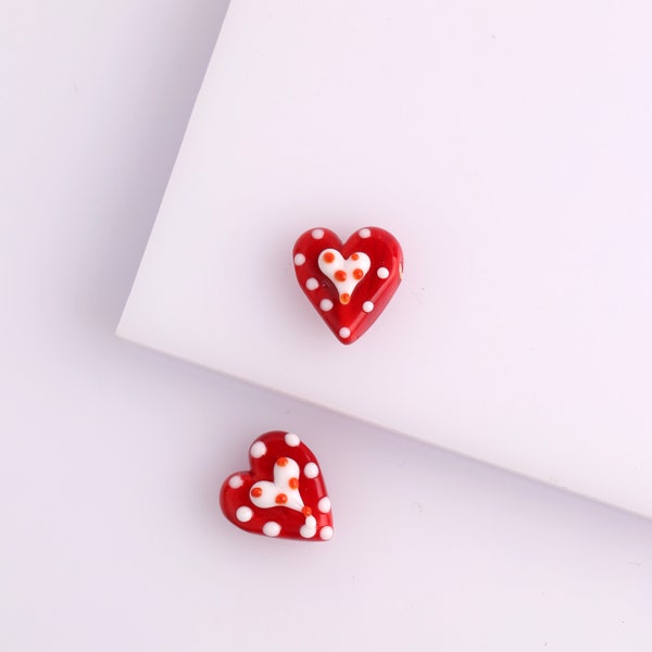 Murano Glass Double Heart Spacer bead, Lampwork Jewelry making supplies, intertwined heart charm, red white bead, DIY love earring charm,