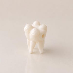 Peut inclure: Petite sculpture de molaire blanc cassé avec des détails de surface. La dent a trois racines et un petit trou sur le côté. La sculpture est posée sur un fond neutre.